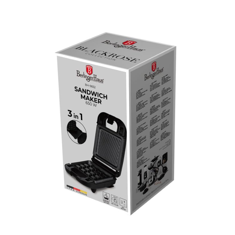 3 in 1 sandwich maker with detachable plate Berlingerhaus Black Rose Collection BH-9832