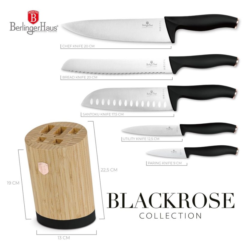 Sada kuchynských nožov s bambusovým stojanom 6 dielna Berlingerhaus Black Rose Collection BH-2752