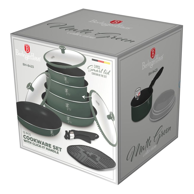 Sada varných a zapékacích mís s odnímatelnou rukojetí 13 dílná vhodná do trouby do 220°C Berlingerhaus Matte Green Collection BH-8423