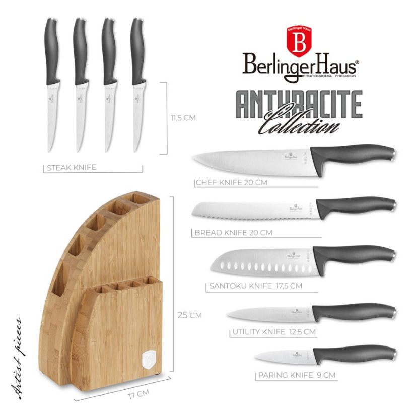 Sada kuchynských nožov s bambusovým stojanom 10 dielna Berlingerhaus Anthracite Collection BH-2758