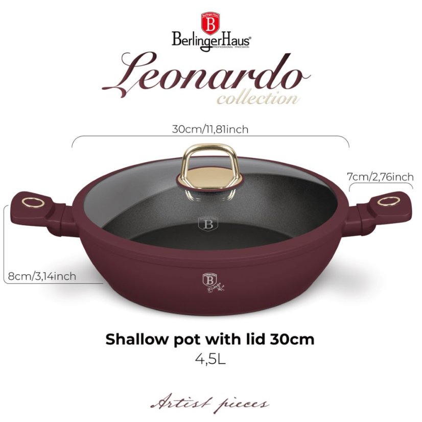 Plytký kastról 4,5 L s pokrievkou 30 cm Berlingerhaus Leonardo Collection BH-8039