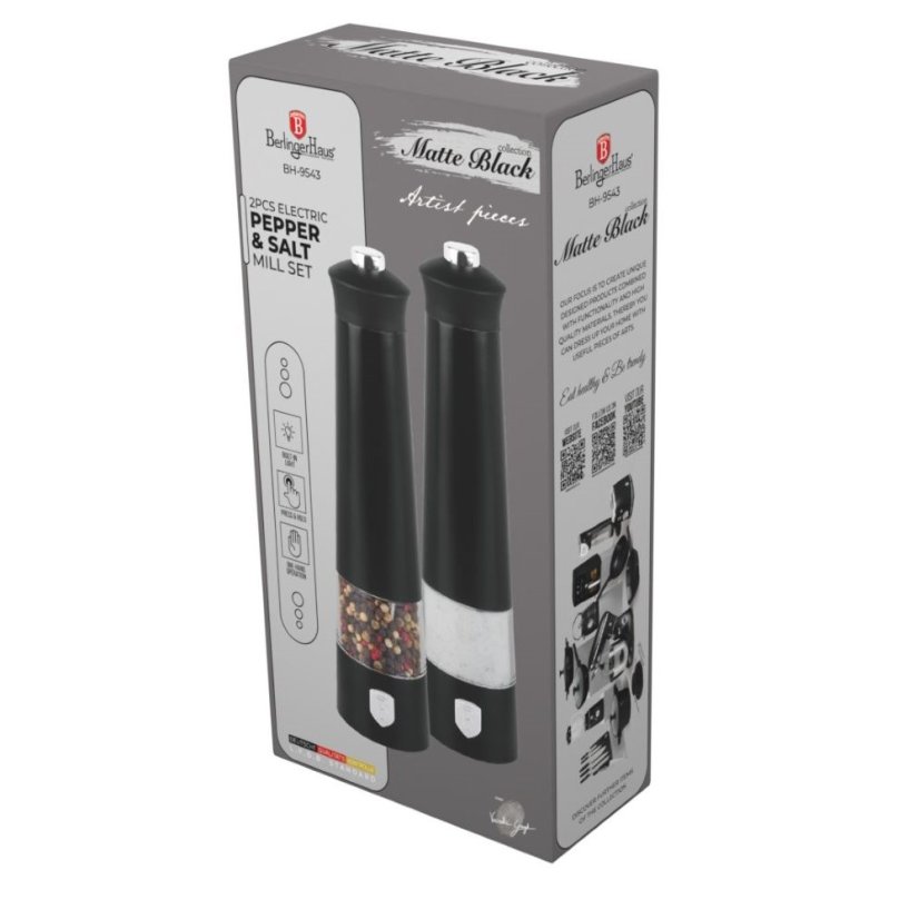 Elektrický mlynček na soľ a korenie 2 dielna sada Berlingerhaus Black Silver/Matte Black/Black Vantage Collection BH-9543