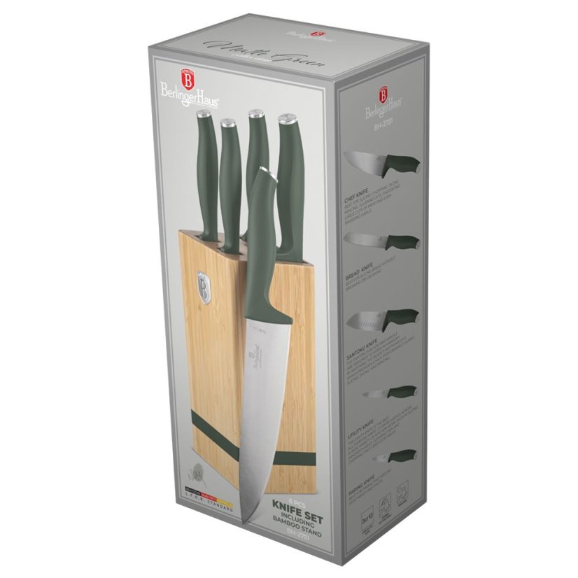 Sada kuchynských nožov s bambusovým stojanom 6 dielna Berlingerhaus Matte Green Collection BH-2751
