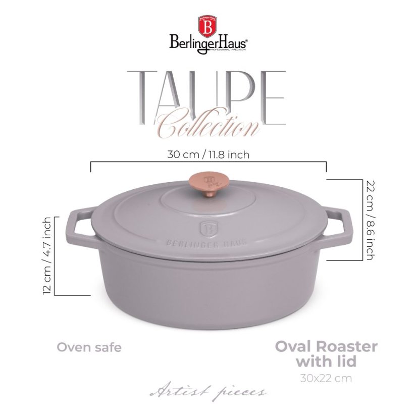 Ťažký liatinový oválny hrniec s vekom 4,65 L Berlingerhaus Taupe Collection BH-6541