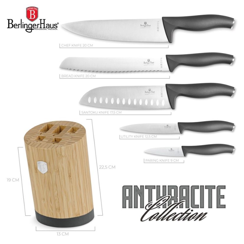 Sada kuchyňských nožů s bambusovým stojanem 6 dílná Berlingerhaus Anthracite Collection BH-2672