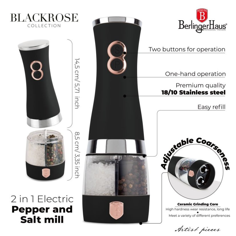 Elektrický mlynček na soľ a korenie 2v1 Berlingerhaus Black Rose Collection BH-9648A-4B