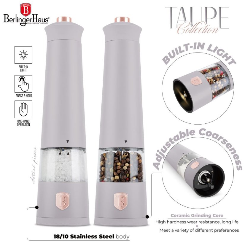 Elektrický mlynček na soľ a korenie 2 dielna sada Berlingerhaus Taupe Collection BH-9544