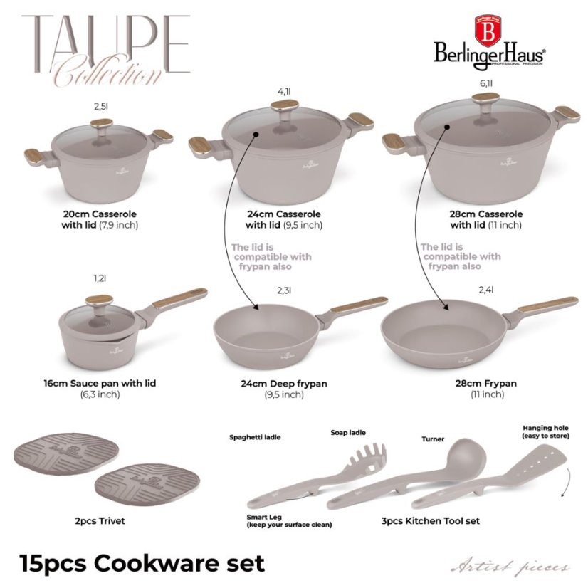 15 pcs cookware set Berlingerhaus Taupe Nordic Collection BH-8344