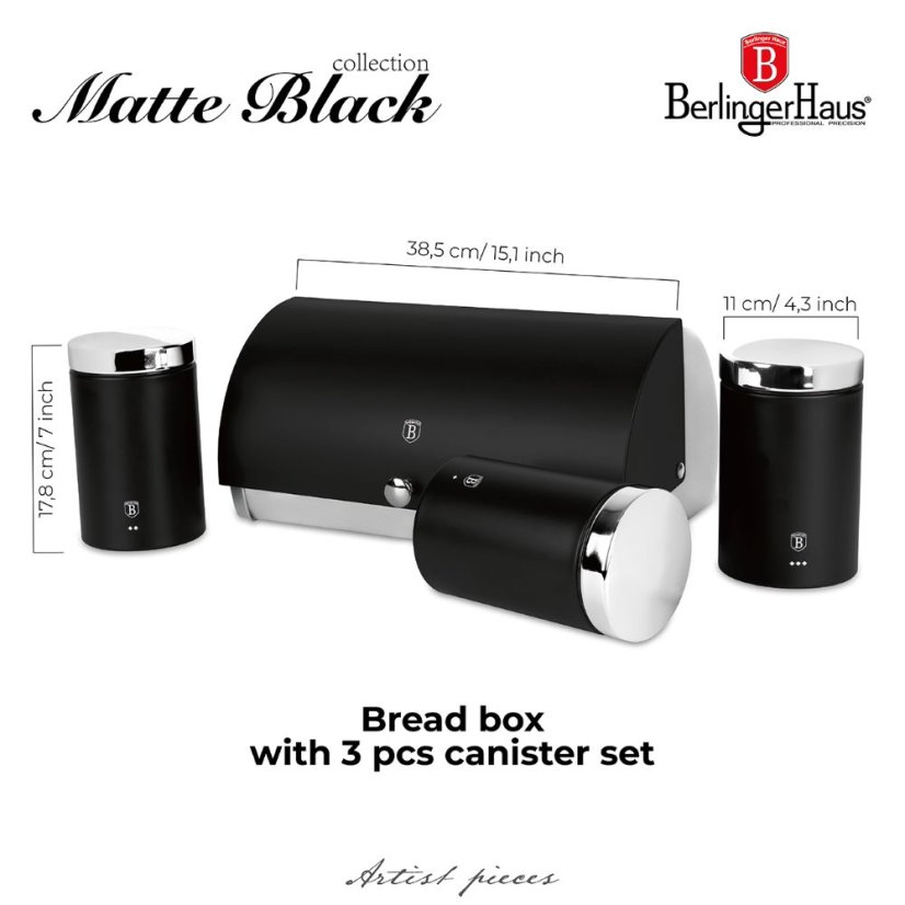 Chlebník s 3 dielnou sadou dóz na potraviny Berlingerhaus Matte Black Collection BH-6733