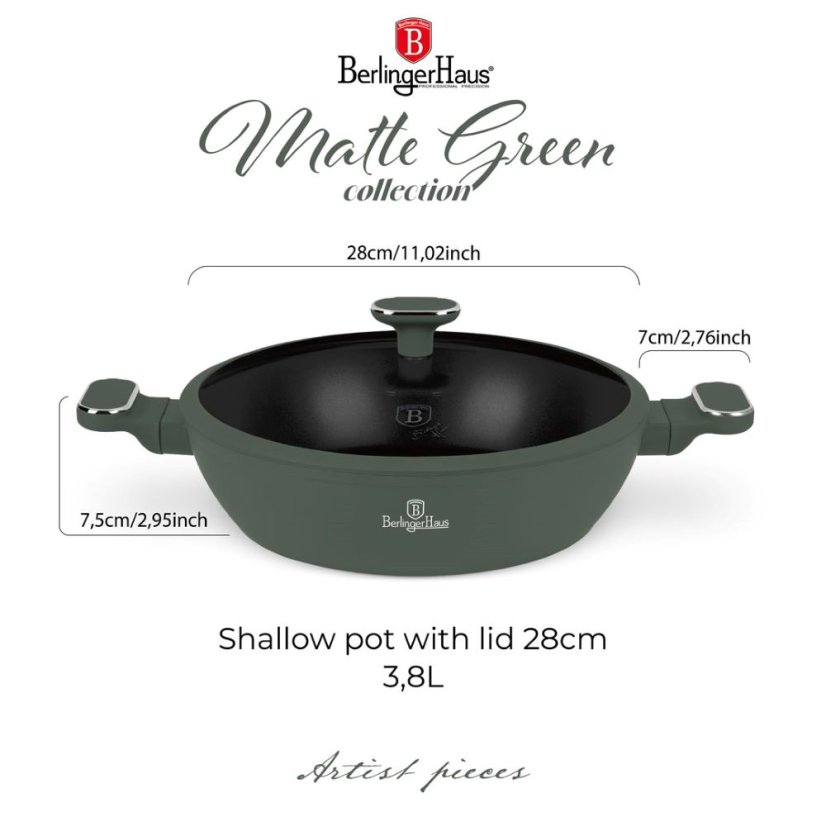 Plytký kastról 4,5 L s pokrievkou 30 cm Berlingerhaus Matte Green Collection BH-8199
