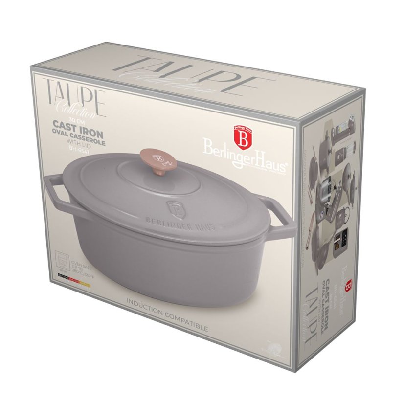 Ťažký liatinový oválny hrniec s vekom 4,65 L Berlingerhaus Taupe Collection BH-6541