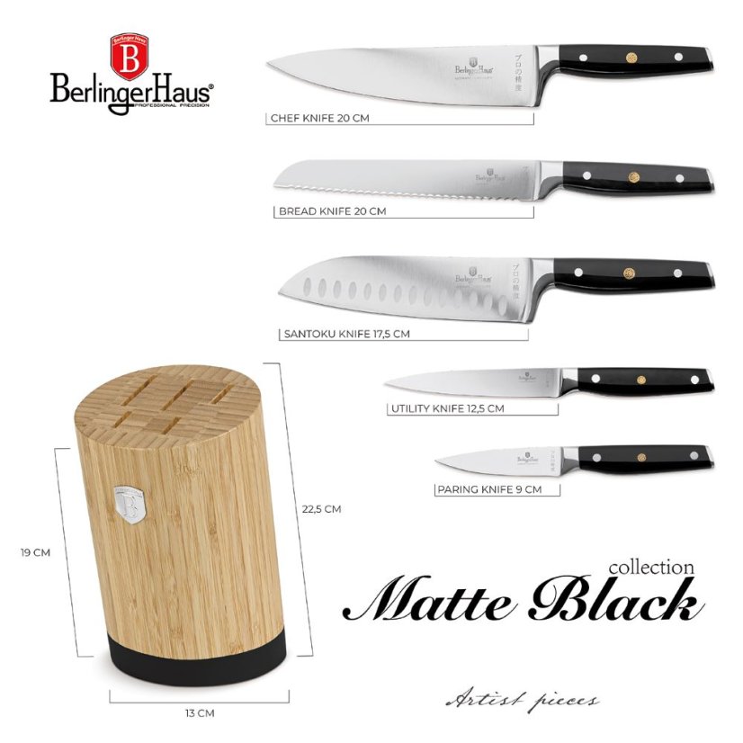 Sada kuchyňských nožů s bambusovým stojanem 6 dílná Berlingerhaus Matte Black Collection BH-3136