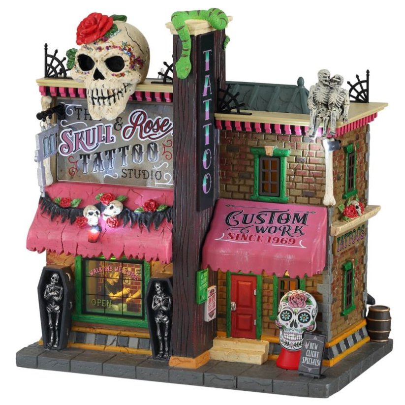 Lighted Building Lemax 15751 The Skull And Rose Tattoo Studio