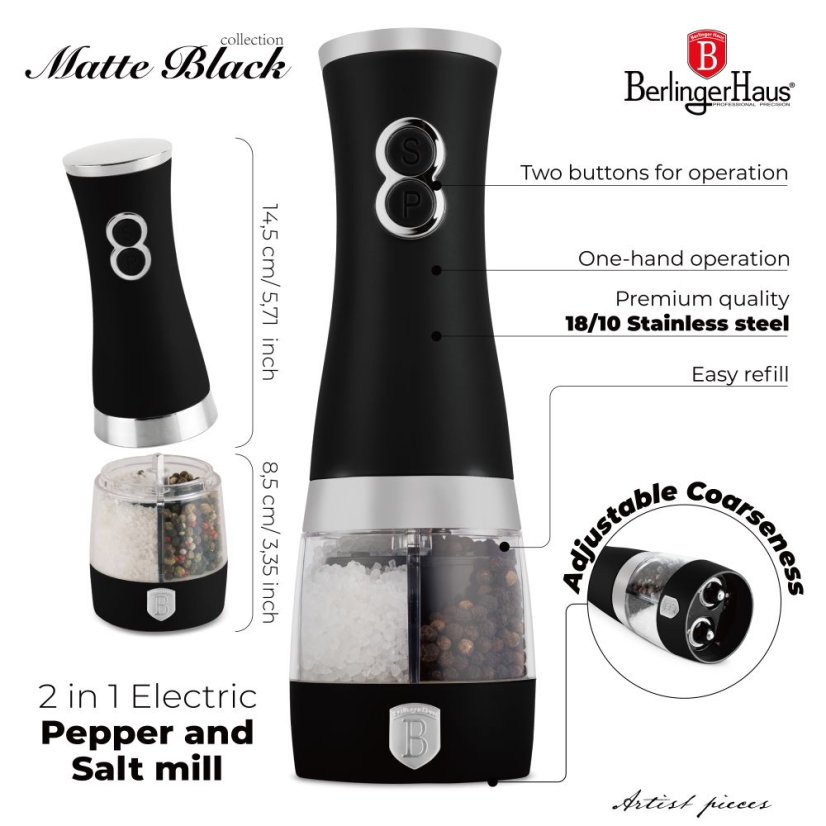 Elektrický mlýnek na sůl a pepř 2v1 Berlingerhaus Black Vantage Collection/Matte Black Collection/Black Silver Collection BH-9647A