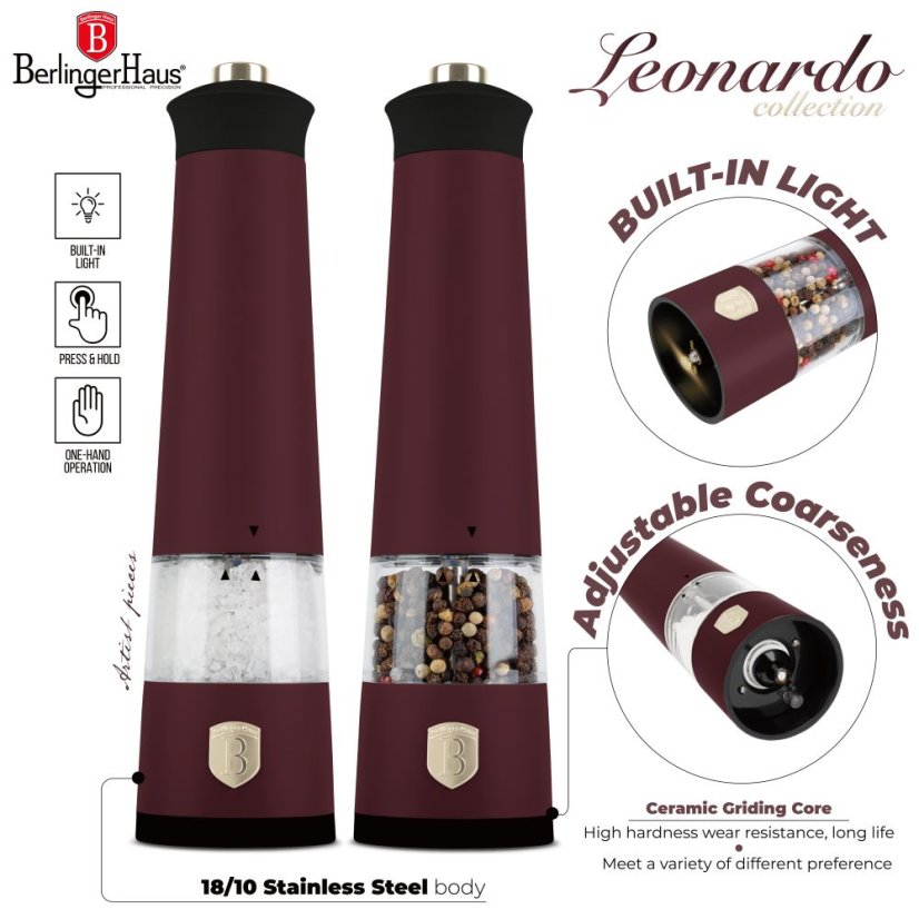 Elektrický mlynček na soľ a korenie 2 dielna sada Berlingerhaus Leonardo Collection BH-9555
