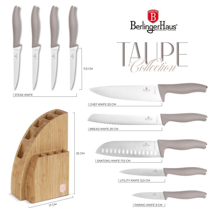 Sada kuchynských nožov s bambusovým stojanom 10 dielna Berlingerhaus Taupe Collection BH-3122