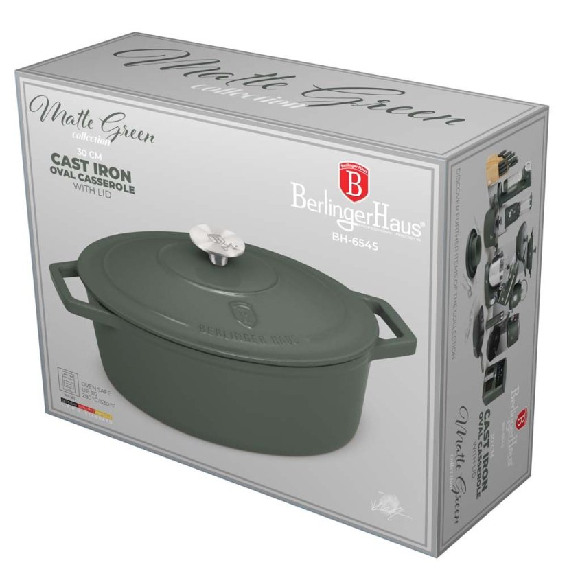 Ťažký liatinový oválny hrniec s vekom 4,65 L Berlingerhaus Matte Green Collection BH-6545