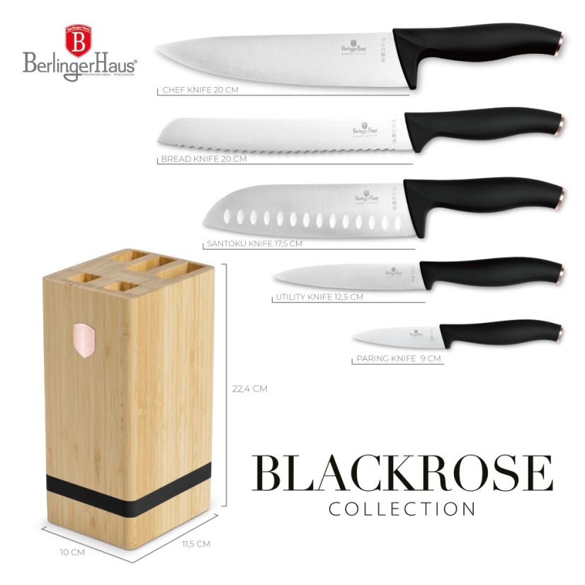 6 pcs knife set with bamboo stand Berlingerhaus Black Rose Collection BH-2970