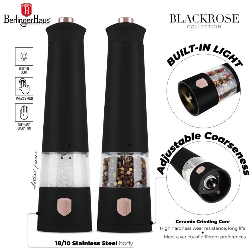 Elektrický mlýnek na sůl a pepř 2 dílná sada Berlingerhaus Black Rose Collection BH-9499